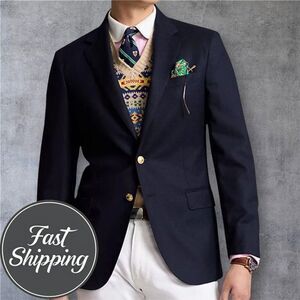 RALPH LAUREN Mens Navy Blazer 40L Wool Sport Coat Gold Brass Button Jacket Suits